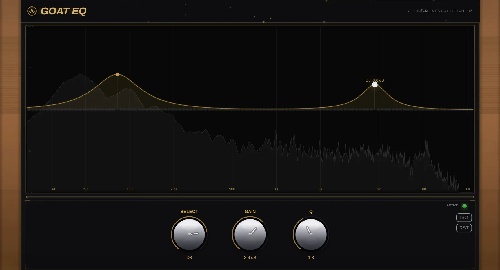 GOAT EQ — 121-Band Musical Equalizer plugin interface with real-time spectrum analyzer, interactive EQ graph, and precision rotary controls